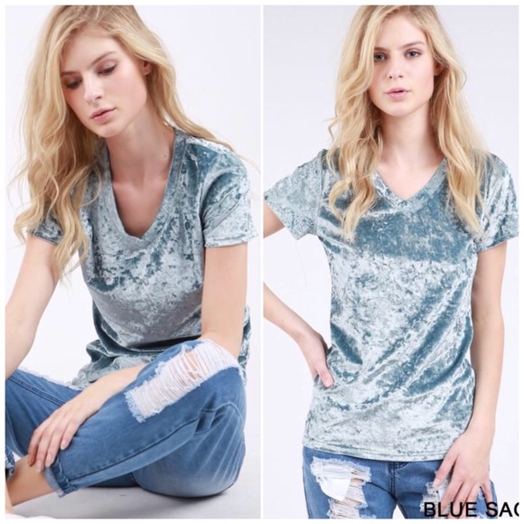 bohostylz Tops - ❗️CLOSING SALE❗️Blue Sage Crushed Velvet Basic Top